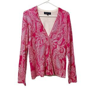 Jones New York Paisley Silk Blend Cardigan Pink Purple Knit Womens Medium